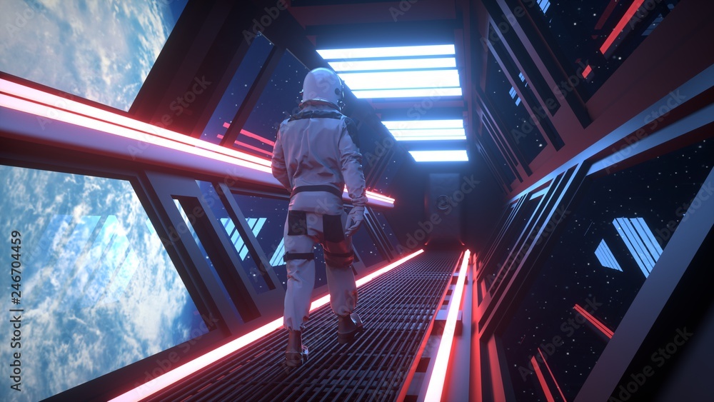 Aufkleber astronaut going through the tunnel to another compartment of the space gateway 3d illustration