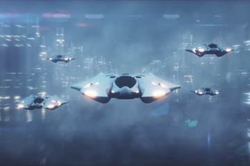 Futuristic 3d illustration, the flight of aircraft on the tech city in the fog