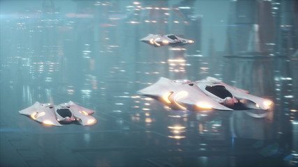Futuristic 3d illustration, the flight of aircraft on the tech city in the fog © flashmovie