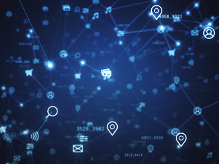 Background of randomly moving network and internet related things. Online shopping, social networks, connections, global connections. 3d illustration