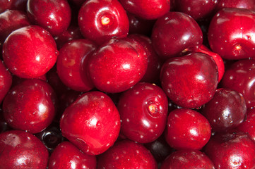 Background of ripe sweet cherry with drops of water. Berries of a sweet cherry. Group of cherries forming a texture.