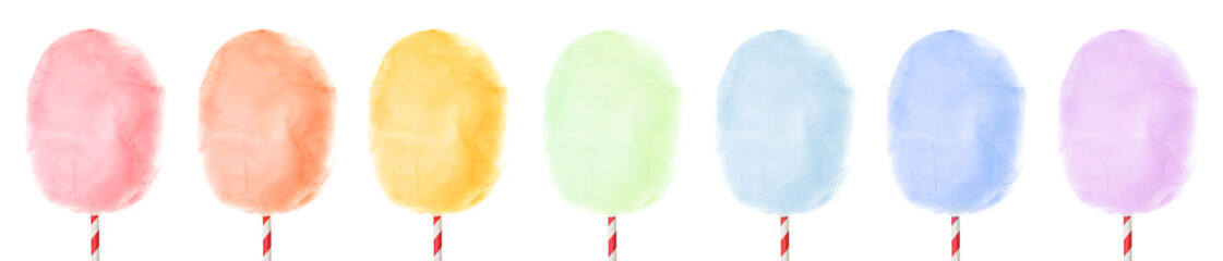 Set of different colorful yummy cotton candy on white background