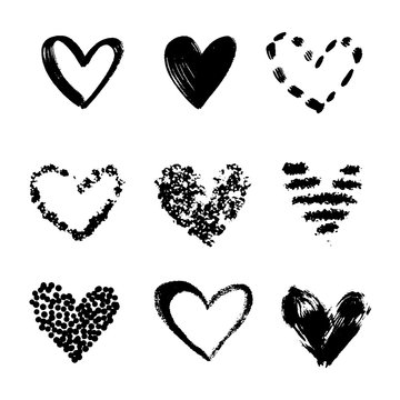Vector collections of hand drawn grunge Valentine hearts isolated on transparent background. Heart symbol by hand. Various style hand drawn heart shapes