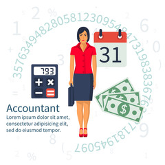 Accountant, businesswoman. Set icons flat design. Concept of accounting and calculation. Vector illustration. Woman working with finances, reports, statistical, analysis, calculation of profit, income
