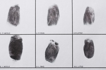 Police form with fingerprints, top view. Forensic examination