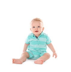Cute little baby on white background. Crawling time