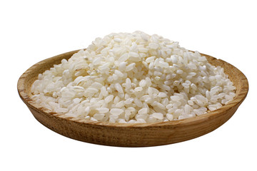 A full wooden plate of rice groats, isolated on a white background.