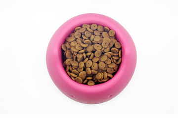 Dry cat food in pink bowl isolated on white