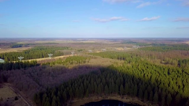 Drone Shot of The Westerbork Synthesis Radio Telescope (WSRT). An aperture synthesis interferometer consisting of a linear array of 14 antennas