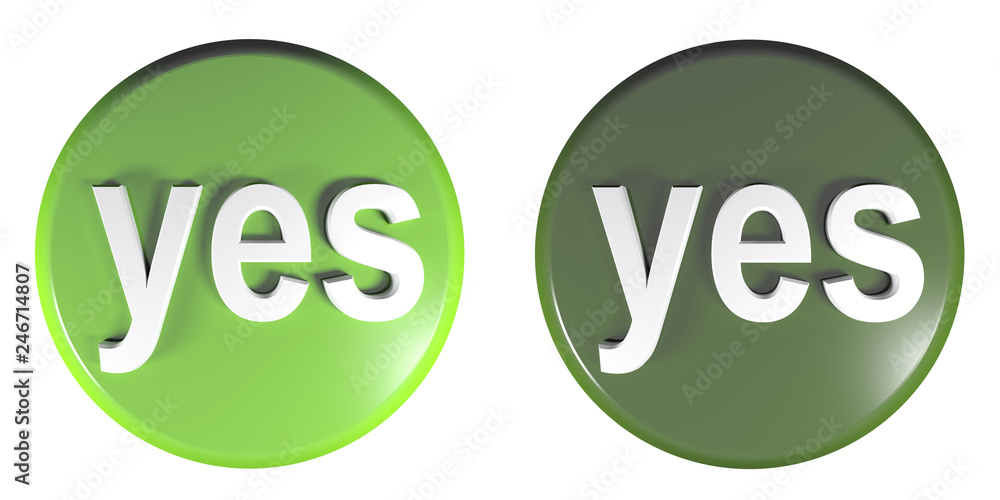 Poster circle light and dark green push buttons yes - 3d rendering illustration