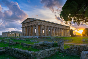 Temples of Neptune and Hera in the archaeological site of Paestum, Campania, Italy - obrazy, fototapety, plakaty