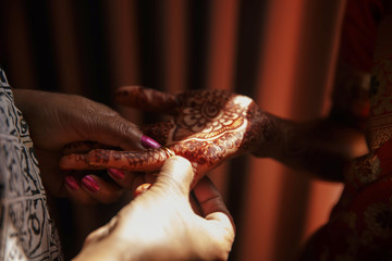 Close-up of Hindu bride's hands covered with henna tattoos