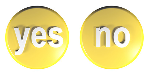Yellow circle push buttons for YES and NO answers - 3D rendering illustration