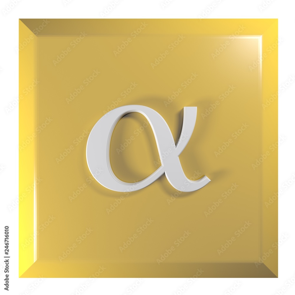 Poster push button square, yellow with alpha sign - 3d rendering illustration