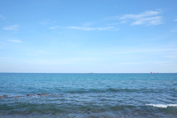 Daytime seaside view and blue sky in Thailand.