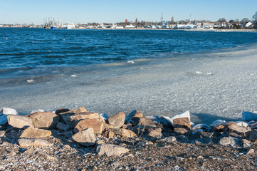 Slushy ice pushed by cold wind