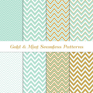 Pastel Mint and Gold Chevron Seamless Vector Patterns. Various Width Zigzag Stripes. Set of Elegant Sea-foam Color Backgrounds. Repeating Pattern Tile Swatches Included.