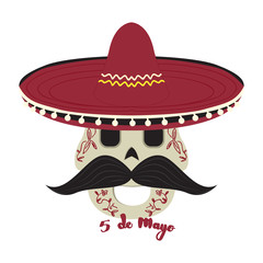 Happy mexican skull with a traditional hat. Cinco de mayo. Vector illustration design