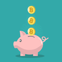 Flat icon piggy bank isolated with bitcoin on Blue background. Vector illustration.