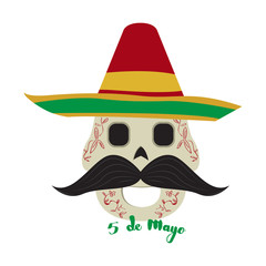 Happy mexican skull with a traditional hat. Cinco de mayo. Vector illustration design