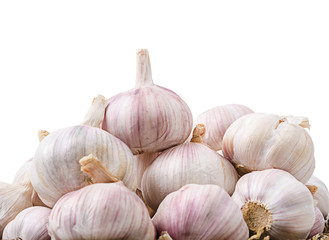 Heap of raw garlic isolated on white background.