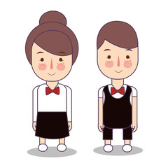 waitress male and female waiter. Vector character service restaurant. wearing red tie.