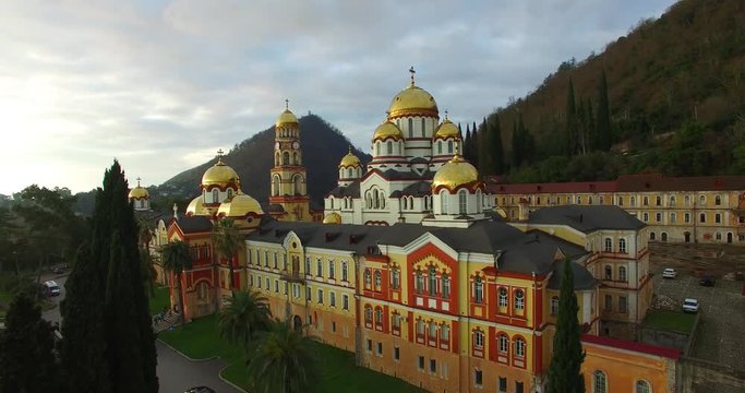 New Athos, Abkhazia-February 24, 2018: Aerial view of the ancient monastery. A place of pilgrimage for Christians.