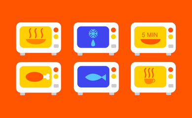 Set of flat icons about the operation of a microwave oven