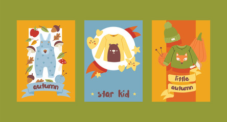 Baby clothing vector cartoon kids autumn clothes fashion newborn garment and childs apparel for the fall children shopping advertising banner backdrop set illustration background