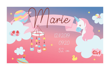 Newborn card vector girly baby birth cartoon character unicorn toys baby-shower banner girlish infant birth-card space backdrop illustration background