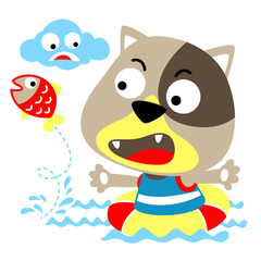 Cartoon of cat try to catch fish