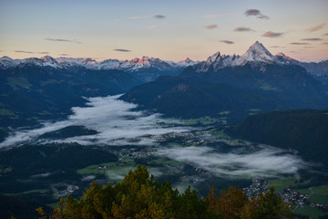 panoramic view of Berchtesgaden alps with Watzmann at sunrise