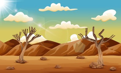 Desert landscape with dry tree and mountain