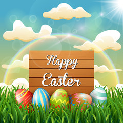 Wooden sign and easter egg decorated with rainbow background