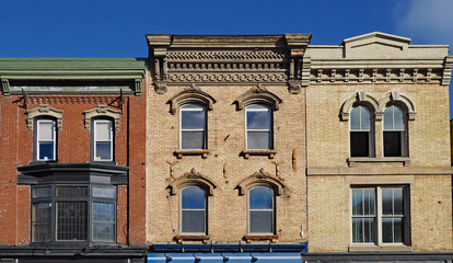 Facades of preserved 19th century commercial buildings of the type found in some older North American small town main streets