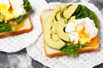 Sandwich with avocado and egg close-up, white and gray background
