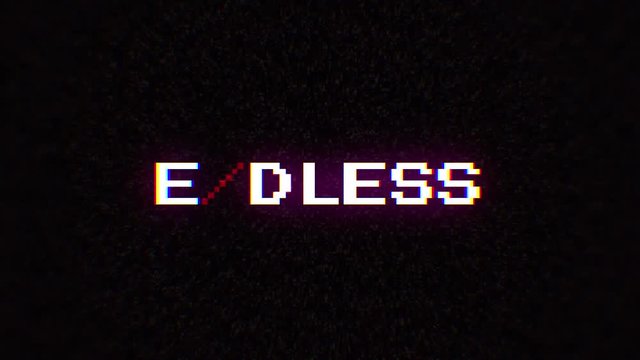 Intentional digital artifact injection fx animation, decoding a noisy scambled 8-bit text: endless.