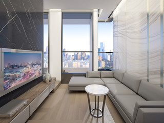 Living room in penthouse room with cityscape ,3d rendering