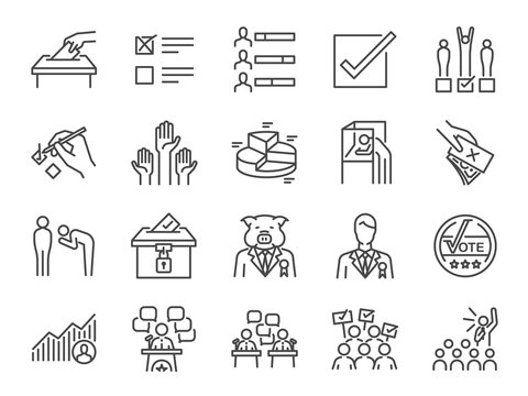 Election line icon set. Included icons as vote, campaign, candidates, ballot, elect and more.