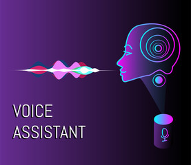 Voice assistance vector concept illustration with smart speaker voice assistant and voice sound recognizer help service business smartphone chatbot technology. Gradient style. 
