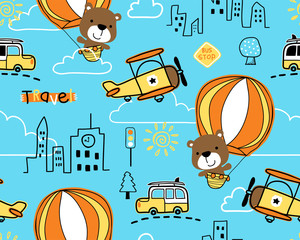 Seamless pattern vector of bear cartoon on hot air balloon, car, plane © Bhonard21