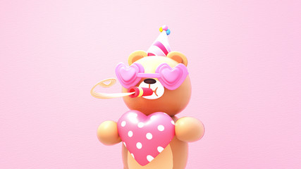 3D rendering picture of Happy Valentine's toy bear holding a big heart, wearing a party hat and heart shaped eyeglasses.