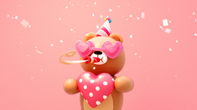 3D rendering picture of Happy Valentine's toy bear holding a big heart, wearing a party hat and heart shaped eyeglasses. Falling confetti effect.