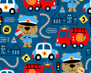 seamless pattern vector of vehicles cartoon with funny cop © Bhonard21