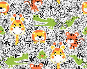 Fototapeta premium seamless pattern vector of funny animals cartoon with leaves