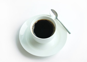 Hot black coffee in white glass and spoon on isolated white background .Food concepts and Lifestyle