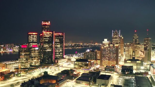 Detroit downtown winter night aerial