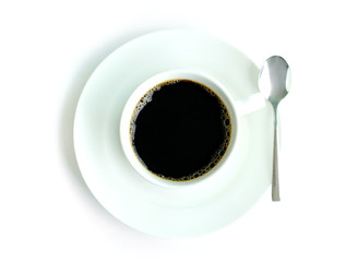 Hot black coffee in white glass and spoon on isolated white background .Food concepts and Lifestyle