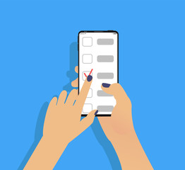 Cartoon flat vector illustration isolated on blue background.Minimalistic design for web site,mobile app.Online survey,checklist,to-do list, docket, list of cases.Hand,phone,finger touch screen.