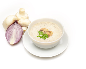 Champignon mushroom cream soup in bowl on white background.  